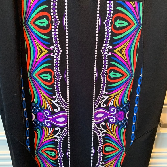 Black knee length dress with colourful design. - Picture 3 of 6